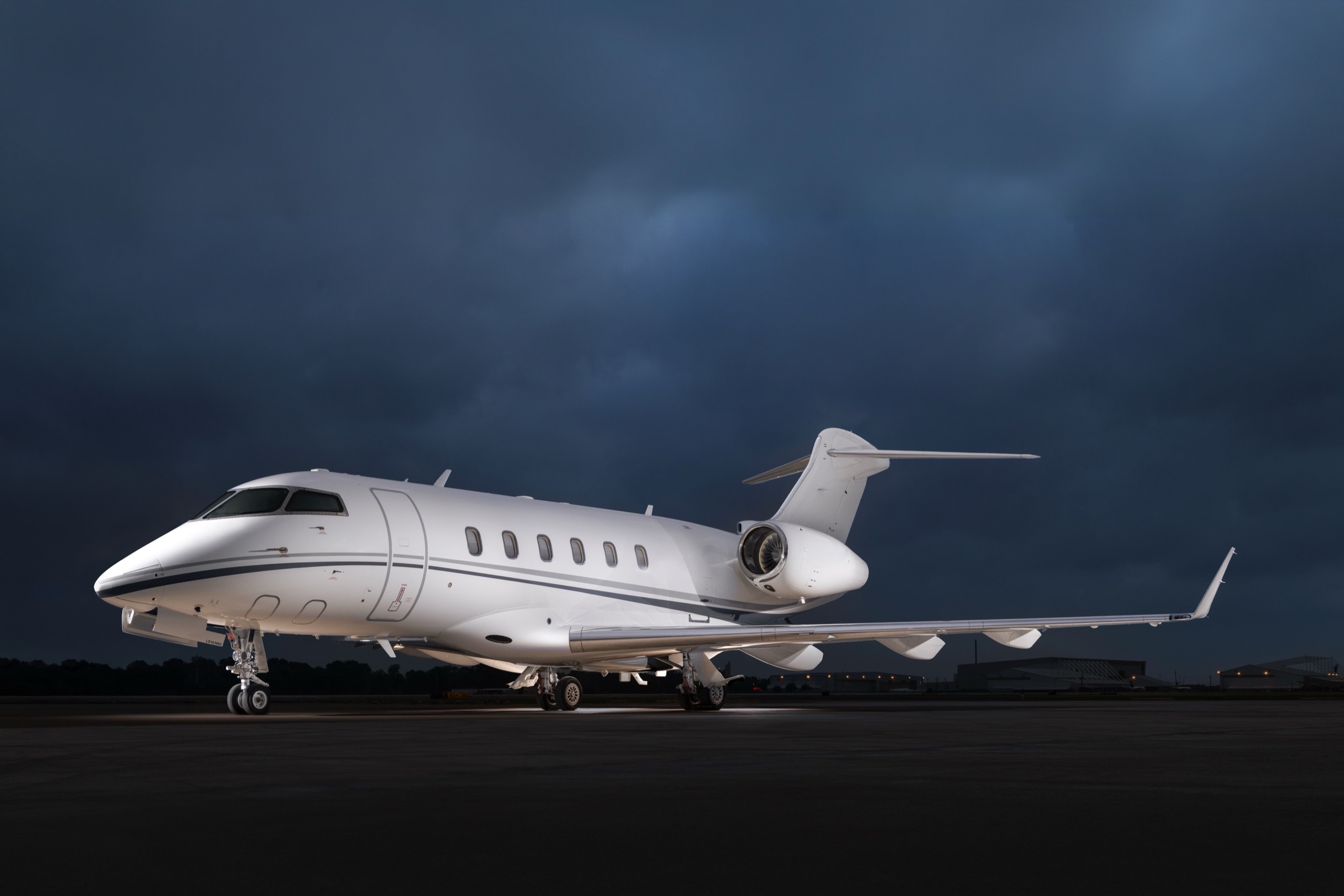 Private jet on the ramp at dusk