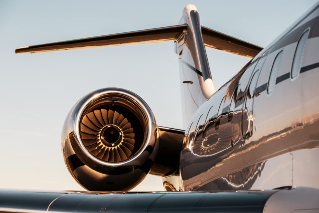 The engine of the Lone Star Aviators private jet on the ramp in Houston, Texas. 